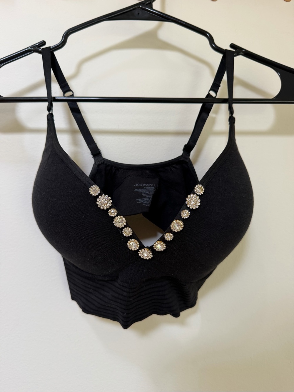 Jockey Black Bralette with Rhinestones, Festival Bra, Size Medium